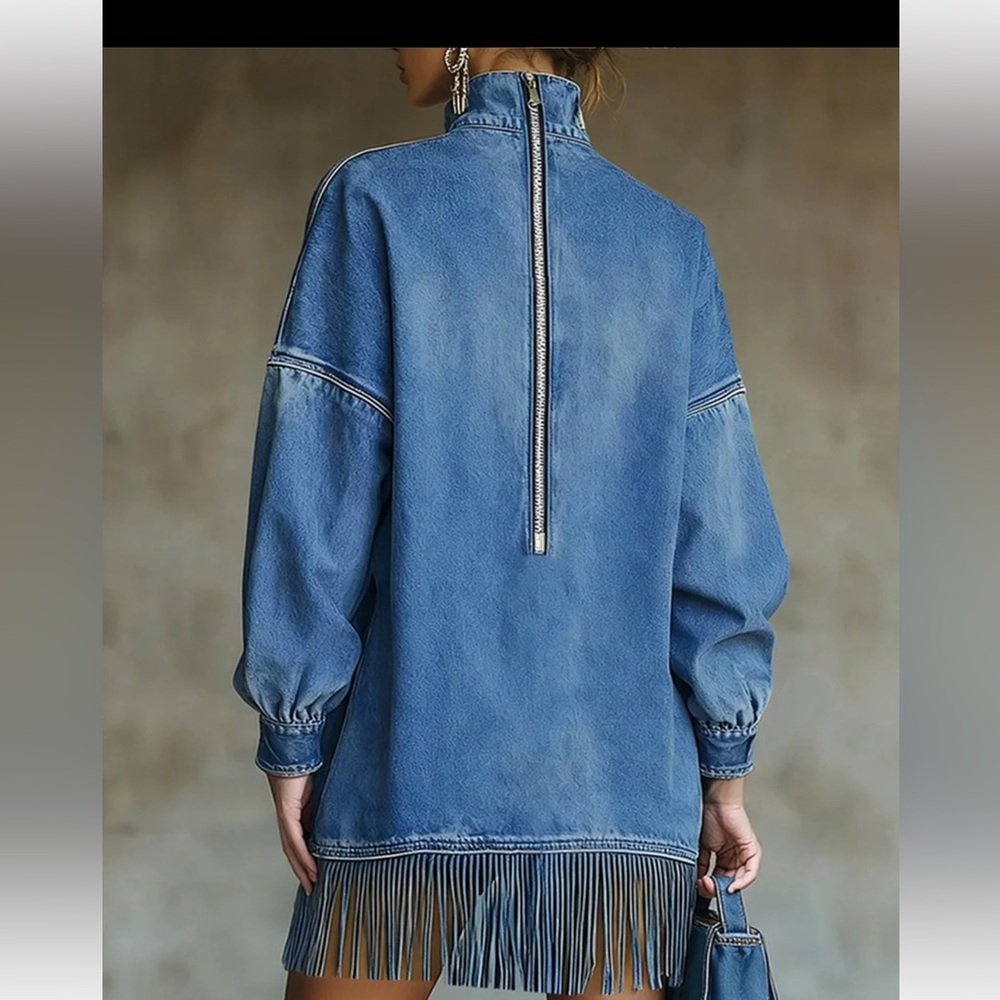 NWT Stylewe Denim Fringe Mock Neck Tunic Dress - Medium - Picture 13 of 16